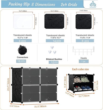 Patented Shoe Racks Organizers Shelves, Floor-Standing, Wall Hanging, Sturdy and extendable. Easy DIY Assembly, for Door Entrance, Closet, and Workplace (2x4Grid, Translucent & Black)