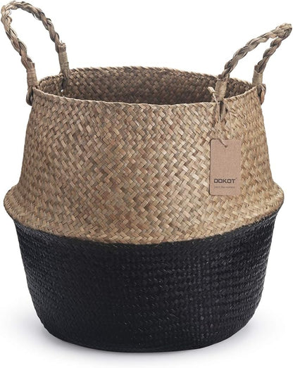Seagrass Storage Basket, Natural Woven Storage Basket (Black 7 inch D x 8 inch H)