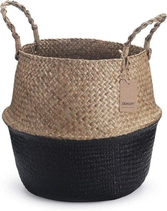 Seagrass Storage Basket, Natural Woven Storage Basket (Black 7 inch D x 8 inch H)