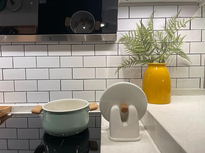 Pot Lid Holder, Large Ceramic Lid Rest for Kitchen Countertop & Stovetop - Heat Resistant, Stable Design for Pans & Pots (White)
