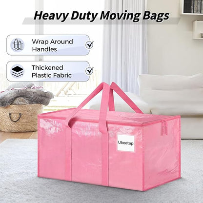8 Pack Extra Large Heavy Duty Moving Bags, Pink Storage Bins with Lids, Reinforced Handles & Heavy-Duty Zippers Moving Boxes Storage Bags Totes for Clothes Packing, Dorms, College Supplies, Pink