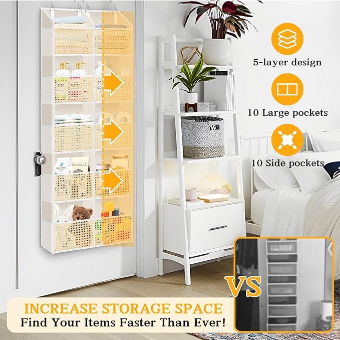 Over The Door Organizer 5 Tiers, Extra Large Behind Door Storage of 10 Compartments, 80 lbs Weight Capacity Hanging Storage Organizer with Clear Window Kids Toys, Shoes,Diapers, Braided Style