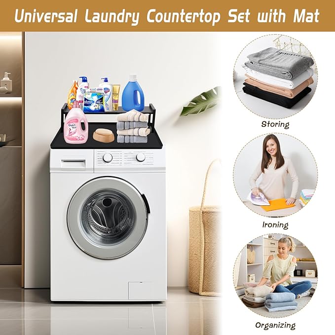 Washer and Dryer Countertop with Extendable Shelf and Silicone Mat, Washer Dryer Shelf with Mat, Universal Front Load Washer and Dryer Countertop Set for Laundry Room Organization (14-25 Inch)