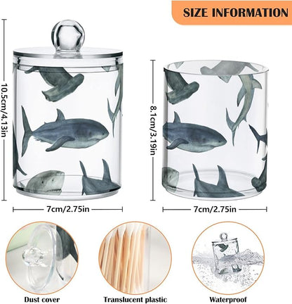 2 Pack Watercolor Sharks Apothecary Jars with Lid, Qtip Holder Storage Jars for Cotton Ball, Cotton Swab, Cotton Round Pads, Clear Plastic Canisters for Bathroom Vanity Organization (10 Oz)