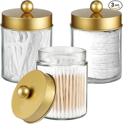 3PC Farmhouse Decor Qtip Holder Apothecary Jars Bathroom Vanity Storage Organizer -Countertop Canister Container &Cute Stickers for Cotton Swab,Ball,Pad,Floss,Paper Clips (Gold)