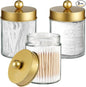 3PC Farmhouse Decor Qtip Holder Apothecary Jars Bathroom Vanity Storage Organizer -Countertop Canister Container &Cute Stickers for Cotton Swab,Ball,Pad,Floss,Paper Clips (Gold)