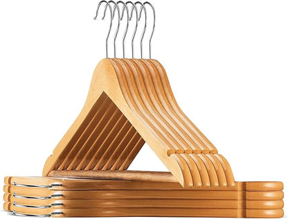 Wooden Hangers - Heavy Duty, Non Slip Wood Hangers for Coats, Jackets, Suits, & Pants - Clothes Hangers for Closet W/Bar and Notches (Natural, 10 Pack)