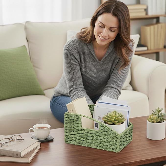 Storage Basket, 2 Pack Handwoven Round Paper Rope Pantry Baskets for Organizing with Handles, Iron Frame Support Baskets for Shelves,Trapezoid Wicker Basket for Home Decor, Green