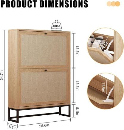 AVZEAR Narrow Shoe Storage Cabinet for Entryway with Natural Linen Panel, Freestanding Slim Shoe Cabinet with 2 Flip Drawers, Wood Shoe Organizer Closed Shoe Rack for Hallway, Living Room(Natural)