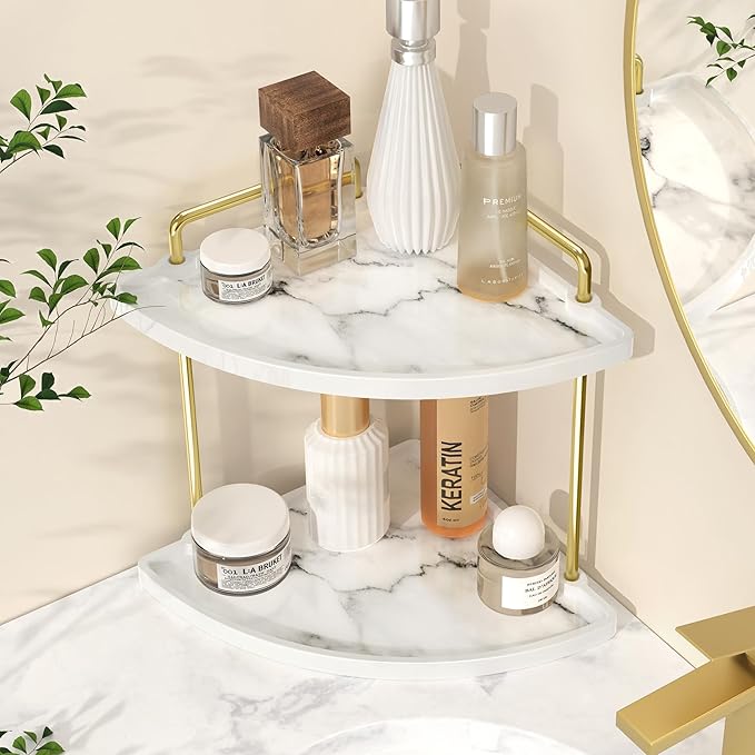 KES Marble Pattern Bathroom Corner Countertop Organizer, 2-Tier Ceramic Corner Counter Shelf, Vanity Skincare Perfume Organizer and Makeup Storage Tray Shelf, Polished Gold, BSC901B-PG
