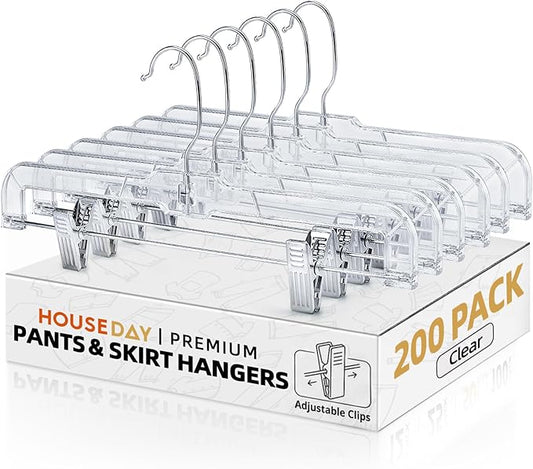 HOUSE DAY 200 Pack Pants Hangers with Adjustable Clips and 360° Swivel Hook, Non-Slip Clear Plastic Skirt Hangers for Pants, Jeans, Skirts, Trousers, Bulk Hangers for Closet Organization
