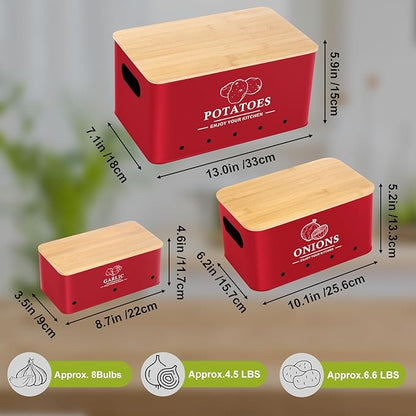 Kitchen Vegetable Storage Set of 3, Metal Onion Garlic Potato Storage Set, Kitchen Canisters Vegetable Keeper Containers with Aerating Holes and Wooden Lid (Red)