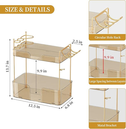Bathroom Counter Organizer for Vanity, Makeup Organizer Countertop with Holder, Large Capacity Storage Rack, Perfect Large Skincare, Hair Care, Perfume, Easy to Install (Gold, 2Tiers)