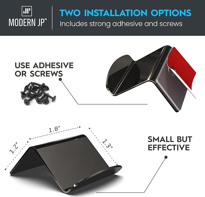 Modern JP Metal Adhesive Hat Hooks for Wall (6-Pack) - Optional Screws Included, Minimalist Hat Rack for Wall, Strong Hold Hat Hangers for Wall - Stainless Steel, Chrome Black