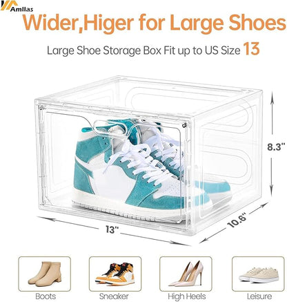 Amllas 8 Pack Shoe Boxes Clear Plastic Stackable, Large Shoe Storage Organizer with Lids,Drop Side Shoe Containers for Entryway,Sneaker Storage Fit up to US Size 13 (13’’x 10.6”x 8.3”)