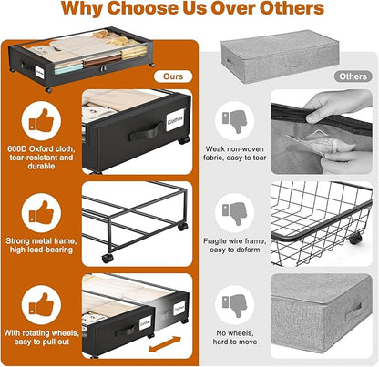 Under Bed Storage with Wheels,XXL 60L Under Bed Storage Containers with Clear Lids, Rolling Under Bed Metal Drawer for Clothes, Shoes,Toys (Black, 2 Pack)