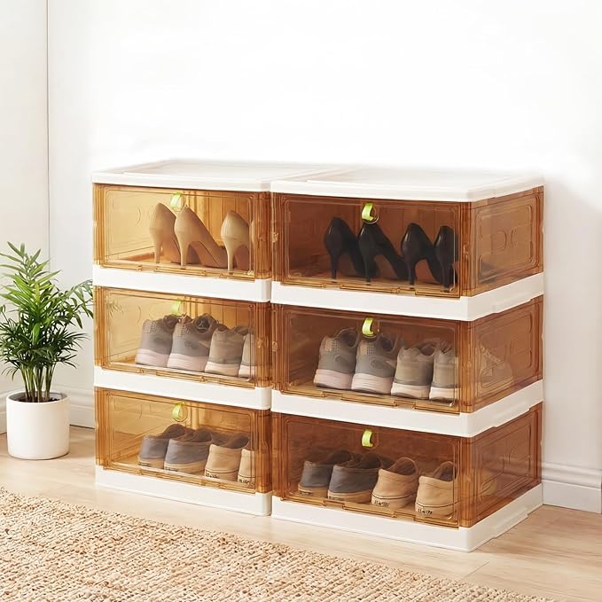 Shoe Rack Organizer for Entryway/Closet,Stackable Magnetic-Door Shoe Boxes,Foldable Space-Saving Sneaker&Boot Containers,Thichen&Sturdy Plastic Cabinet 6 Tiers 12 Pairs,Taupe