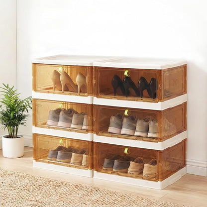 Shoe Rack Organizer for Entryway/Closet,Stackable Magnetic-Door Shoe Boxes,Foldable Space-Saving Sneaker&Boot Containers,Thichen&Sturdy Plastic Cabinet 6 Tiers 12 Pairs,Taupe
