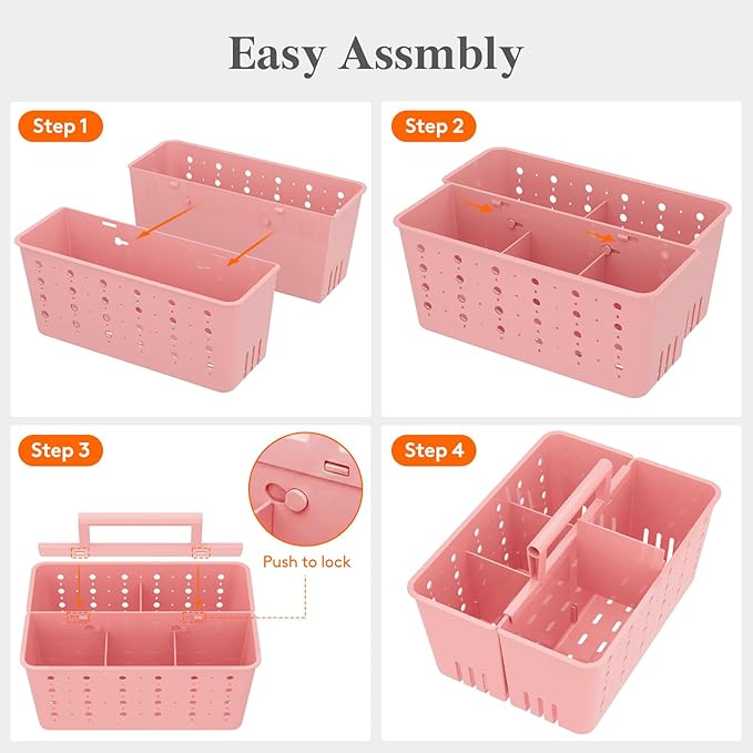Lifewit Shower Caddy Portable, Cleaning Supplies Caddy Organizer with Handle and Adjustable Dividers, Plastic Shower Basket for Dorm Room Essentials, College, Bathroom, Pink, 2 Packs