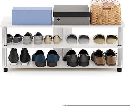 Furinno Turn-N-Tube Shoe Rack, 3-Tier Shoe Organizer, Compact Shoe Storage with Open Shelves and Stainless Steel Tubes, 15.5 x 41.1 x 15.8, for Closet Entryway, Office, Garage, White Oak