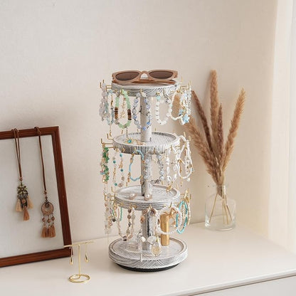 Lolalet 4 Tier Bracelet Holder, Wooden Rotating Bangle Display Stand with 42 Hooks and Tray Base, 360 Degrees Rotatable Rustic Tree Storage for Bracelets Key Chains Small Accessories -White