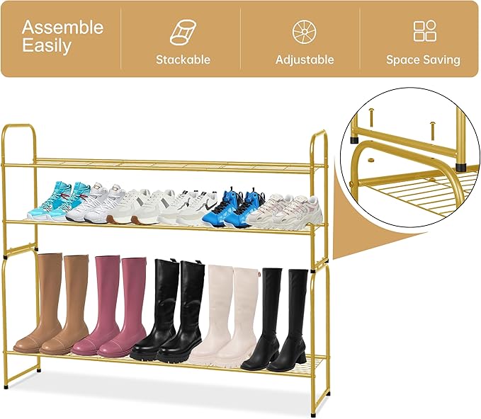 KEETDY 2-Tier Long Shoe Rack for Closet Metal Shoe Organizer for Entryway, Wide Stackable Shoe Storage Shelf with Sturdy Wire Grid for Closet Floor, Bedroom, Gold