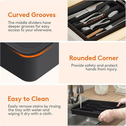 Lifewit Silverware Drawer Organizer Tray, Plastic Cutlery Storage for Kitchen, Flatware and Utensil Holder Divider for Spoons Forks Knives Tableware, 9.5 x 13.4", 5 Slots, Black