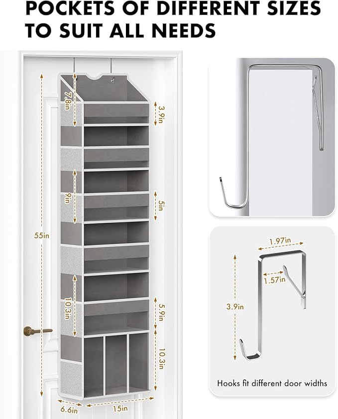 Over The Door Organizer, Hanging 6-Shelf Storage Organizer with 50lb Heavy Duty Perfect for Bathroom Closet Nursery Bedroom (Grey,1 Pack)
