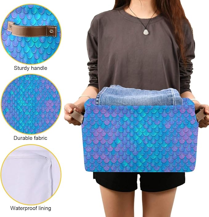 Blue Mermaid Scale Storage Baskets,Decorative Collapsible Rectangular Canvas Fabric Storage Bin for Home