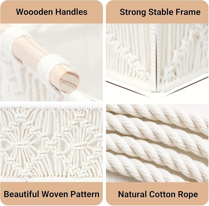 Nonam Macrame Storage Baskets, Boho Decor Style Woven Storage Boxes for Home Organization, Toilet Tank Shelf Cabinet Organizer Baskets,Set of 2- Warm White-X