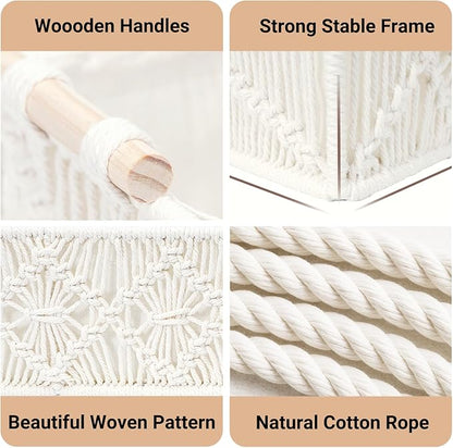 Nonam Macrame Storage Baskets, Boho Decor Style Woven Storage Boxes for Home Organization, Toilet Tank Shelf Cabinet Organizer Baskets,Set of 2- Warm White-X