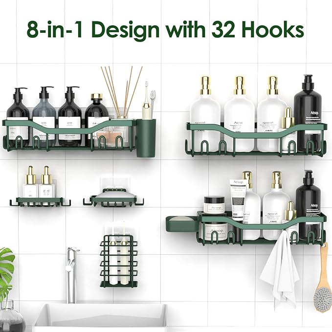 NESOMI Shower Caddy Adhesive Shower Organizer 8-Pack, Rustproof Stainless Steel Bathroom Shelves, Large Capacity No-Drill Rack Storage Accessories with Soap Dish Toothbrush Holder Hooks