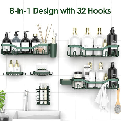 NESOMI Shower Caddy Adhesive Shower Organizer 8-Pack, Rustproof Stainless Steel Bathroom Shelves, Large Capacity No-Drill Rack Storage Accessories with Soap Dish Toothbrush Holder Hooks