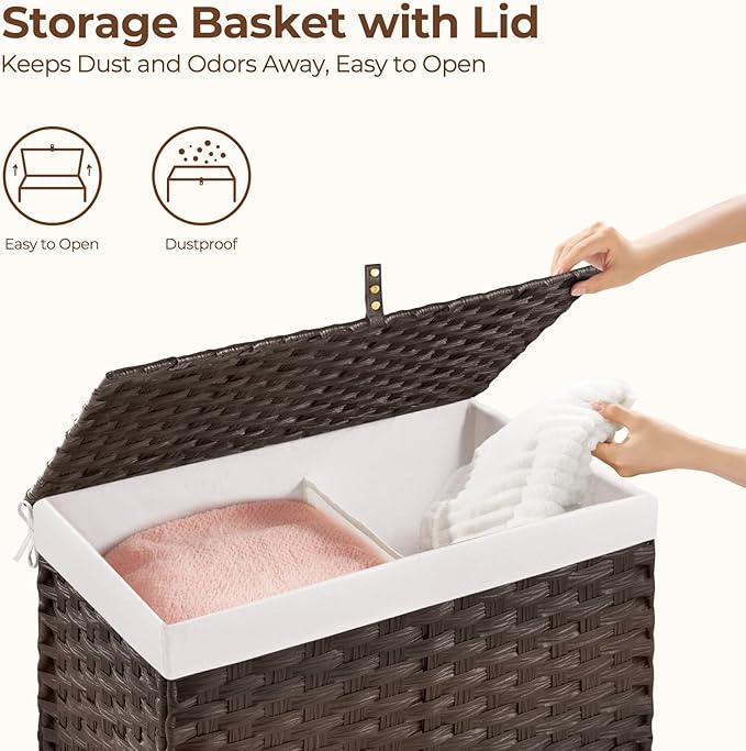 GREENSTELL Storage Basket with Lid, 17.2 Gallon(65L) Small Wicker Blanket Storage Basket with Handles, Foldable, 2 Removable Liner Bags, Metal Frame, for Bedroom, Laundry Room, Brown,22.2"*13.4"*13.4"