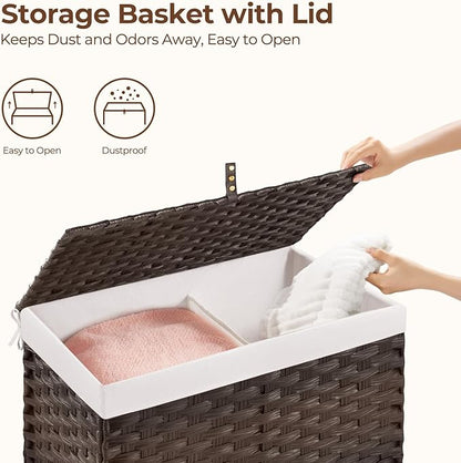 GREENSTELL Storage Basket with Lid, 17.2 Gallon(65L) Small Wicker Blanket Storage Basket with Handles, Foldable, 2 Removable Liner Bags, Metal Frame, for Bedroom, Laundry Room, Brown,22.2"*13.4"*13.4"