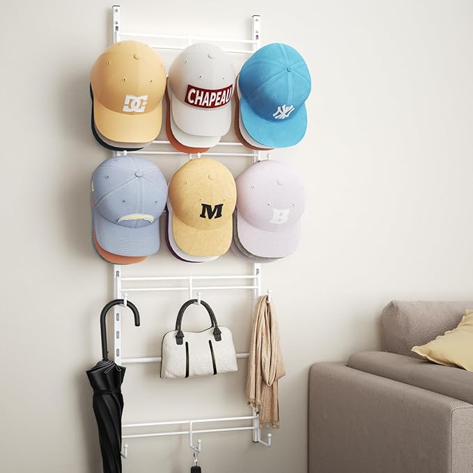 SWTYMIKI Over Door Hat Organizer - 4 Tier Metal Adjustable Wall Mounted Hat Rack with 12 Hooks Design, Hanging Baseball Cap Organizer Storage Holds up to 36 Caps for Door, Bedroom, Closet