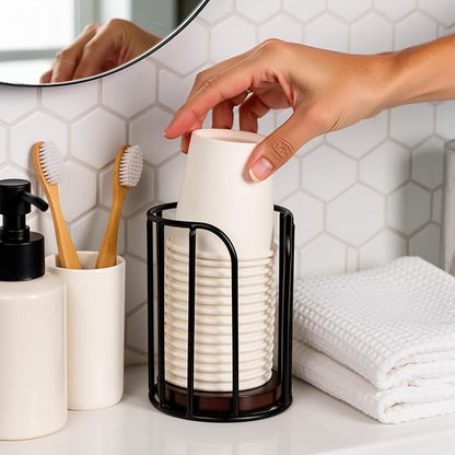Bathroom Cup Holder Dispenser for 3-5oz Small Paper Mouthwash Cups, Solid Walnut Wood and Black Metal Countertop Organizer for Vanity, Guest Bath, Kitchen and Office
