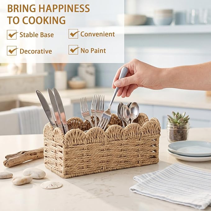 Scalloped Paper Rope Utensil Holder for Party Silverware Caddy 3 Compartment Utensil Basket Small Cutlery Holder for Party Kitchen Table Countertop Spoon Knives Fork Flatware Caddy Basket