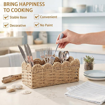 Scalloped Paper Rope Utensil Holder for Party Silverware Caddy 3 Compartment Utensil Basket Small Cutlery Holder for Party Kitchen Table Countertop Spoon Knives Fork Flatware Caddy Basket