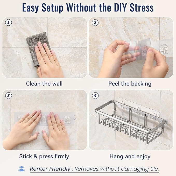 8 Pack Adhesive Rustproof Shower Caddy with Soap Dishes, Toothbrush Holder & Hooks, Large Capacity No-Drilling Shower Shelves Rack for Bathroom Organizers and Storage Accessories, Silver
