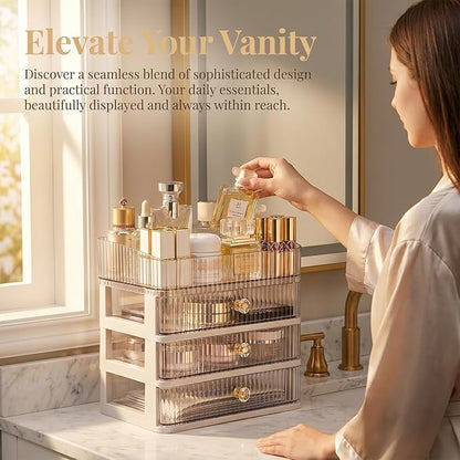 Makeup Organizer with 3 Drawers, Clear Bathroom Counter Organizer, Skincare Organizer for Vanity Countertop, Cosmetic Display Case, Ideal Choice for Storing Lipsticks, Nail Polishes, Perfumes