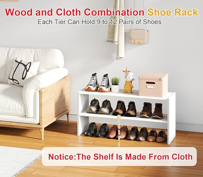 Cidaziya 2 Pack 2 Tier Small White Shoe Rack for Closet, Stackable Shoe Shelf Organizer for 9-12 Pairs of Shoes, Portable Wood and Cloth Structure, Small Shoe Storage Organizer, Size 28.5"* 11" * 13"