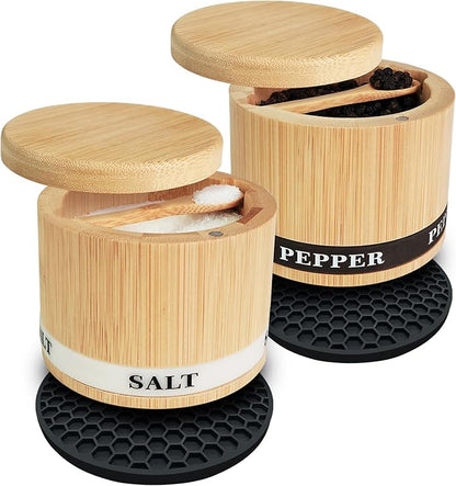 ThougrLyh Salt Box Bamboo Pepper and Salt Container with Swivel Lid and Spoons,Spice Cellar with Mat and Labels,Holder for Seasoning and Small Items,Dual 13 Oz Capacity