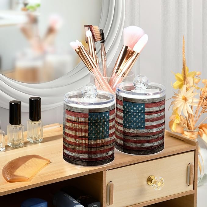 Gredecor 2 Pack Qtip Holder Clear Retro Americana Flag Apothecary Jars with Lids Acrylic Bathroom Jars Vanity Countertop Canister Storage Organizer for Cotton Ball,Swabs,Pads,Floss