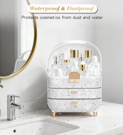 Bling Makeup Organizer Countertop, Sparkle Skincare Holder Organizer with Glitter Rhinestones, Storage Box Cosmetic Display Cases, Teen Girl Gifts Make up Organizers for Vanity, Dresser