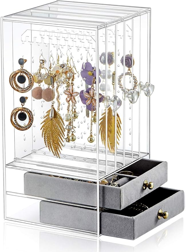 Sooyee 4 Doors Foldable Necklace Hanging Jewelry Organizer Double Sided Stand Display & 5 Drawers,Dustproof Jewelry Rack Display, Clear