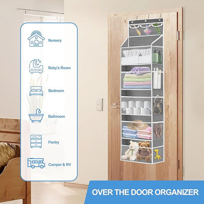 Over the Door Organizer with 5 Large Pockets, 5+3 Tiers Shelf Hanging Door Organizer, Adjustable Hanging Closet Organizer with Side 10 Mesh Pockets Heavy-Duty Non-Woven Fabric Fit Toys Shoes Diapers