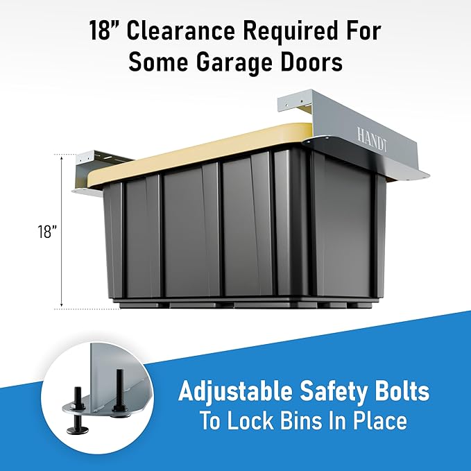 USA Based Overhead Garage Storage Rack, Connectable Heavy Duty Metal Ceiling Rails Garage Storage Organization Shelving System, Hanging Racks Tote Containers, Supports Up To 6 Bins, 4 Sets Gray