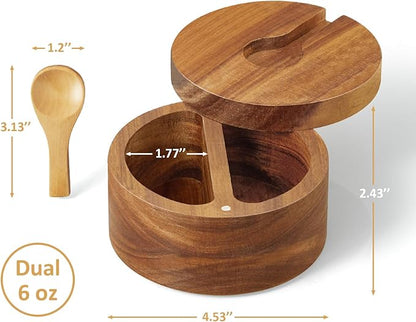 OUTNILI 2-Compartment Acacia Salt Box with Lid and Spoon, Salt Cellar with Swivel Lid, Salt Container Holder for Sea Salt Herbs or Favorite Seasonings, Dual 6 oz Salt Bowl