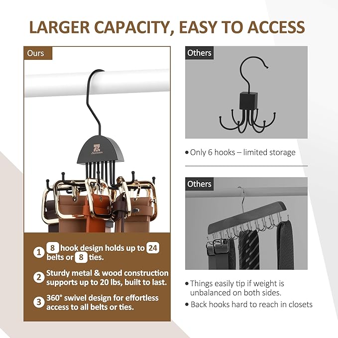 ZEDODIER 2 Pack Tie Hanger & Belt Organizer, Rotatable Tie Rack Space Saving Tie Holder with 16 Adjustable Hooks for Closet Organizers and Storage, Sturdy Belt & Tie Collection Storage, Black